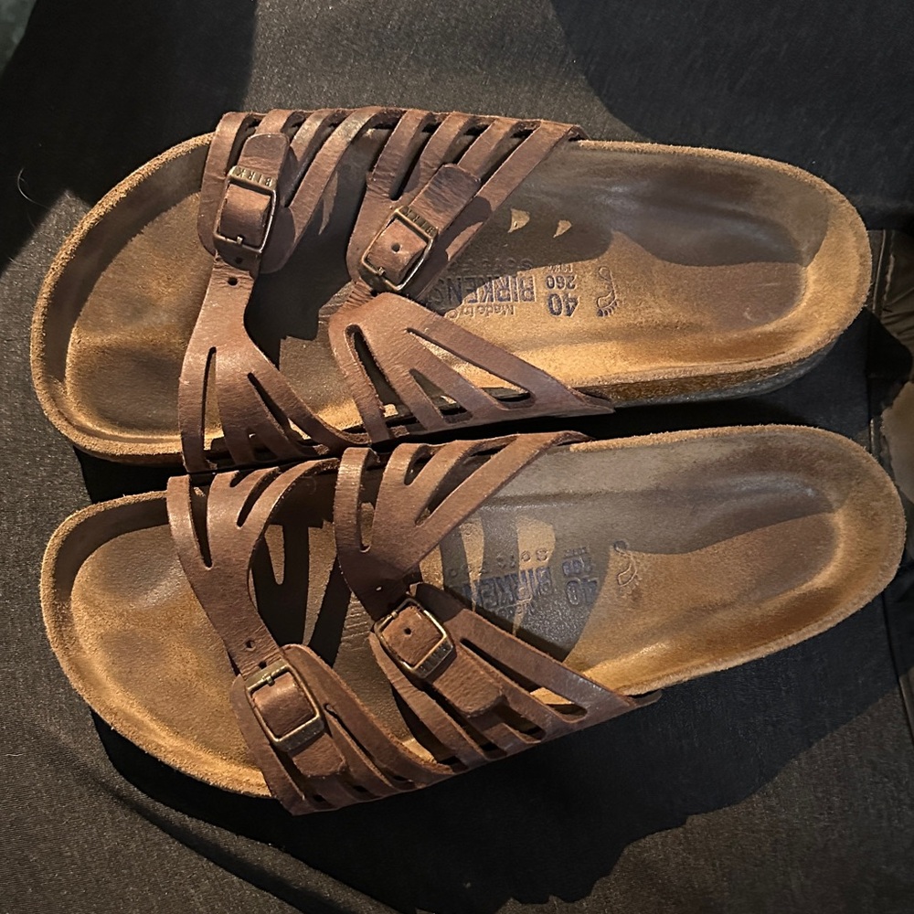 Birkenstock Brown Multi-Strap Leather Slide Sandals
